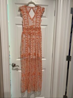 Altar'd State Orange Embroidered Maxi Dress with Keyhole Back and Sheer Overlay